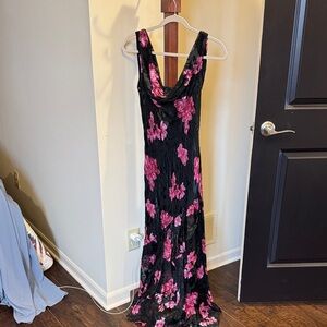 Sue Wong Black Maxi Dress with Pink Floral Design